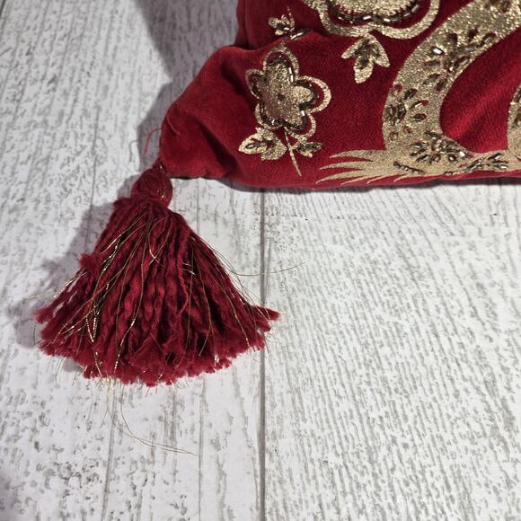 NWT RED APPLIQUE EMBROIDERED GOLD BEADED VELVET PILLOW Chinese 23x14" ASIAN - Picture 4 of 10